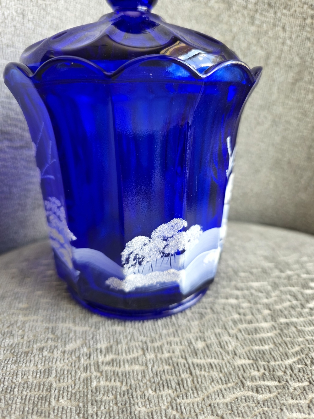 RARE VTG Fenton Cobalt Blue Canaan Valley Candy Jar With Lid Signed Hand Painted - Picture 8 of 14